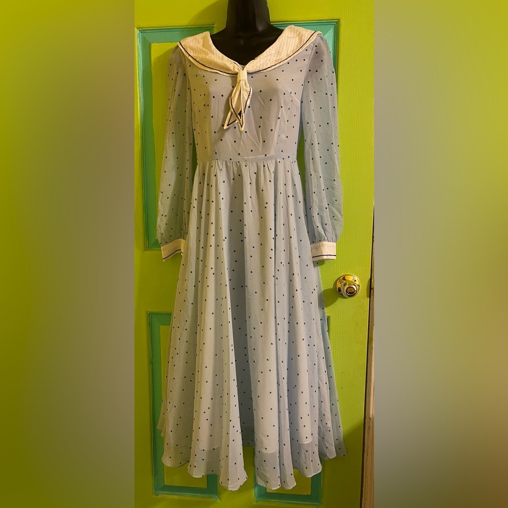NWT Imported Retro Blue Polka Dot Maxi Shear Dress, Fit and Flare Size S